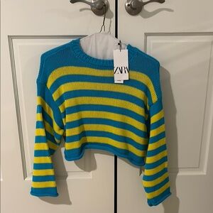 Zara Blue and Yellow Crew Neck Sweater